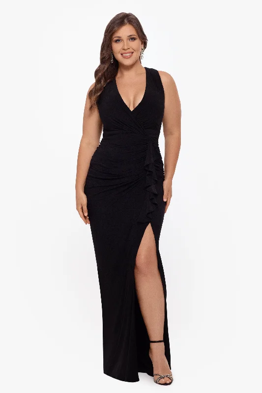 Bargain Prices Plus "Bobbi" Long Ruffled V-Neck Gown