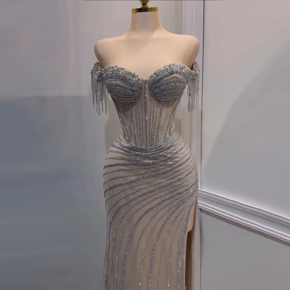 Steals and Deals Serene Hill sliver nude Boat Neck Split Mermaid Elegant Beaded Tassel Evening Dresses Gowns For Woman Wedding Party 2024 LA72391