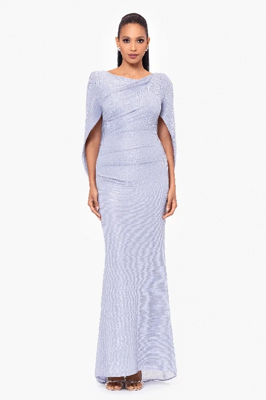 Online Only Petite "Elaine" Long Metallic Crinkle Cowl Neck Back Dress