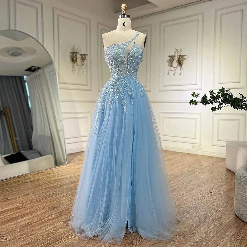 Early Bird Discount Serene Hill Arabic Blue Spaghetti Strap A Line One Shoulder Beaded Luxury Evening Dresses Gowns for Women's Party 2024 LA72589