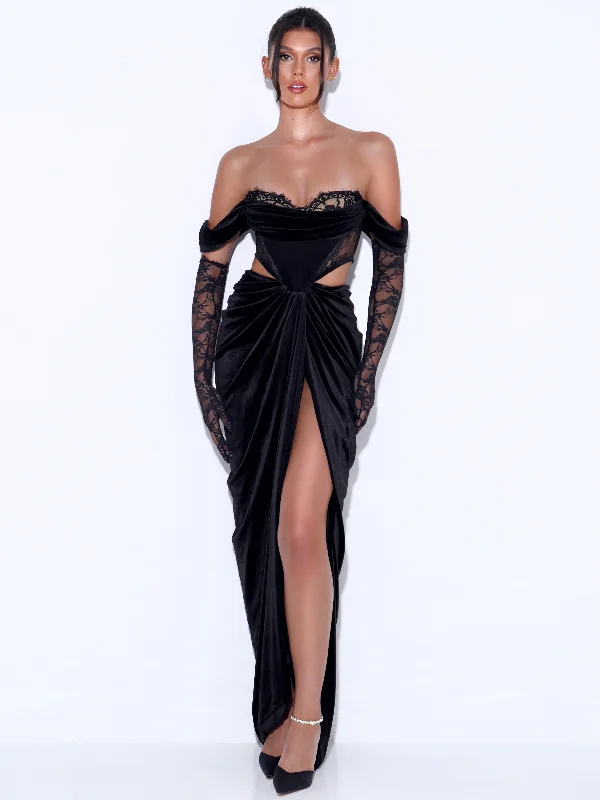Flash Deals Quintessa Black Lace Velvet Corset Off Shoulder Gown
