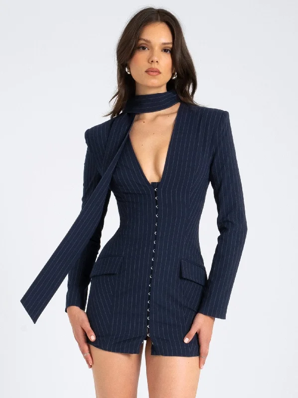 Limited Time Discount Tahlia Deep V Pinstripes Navy Blue Blazer Dress with scarf collar