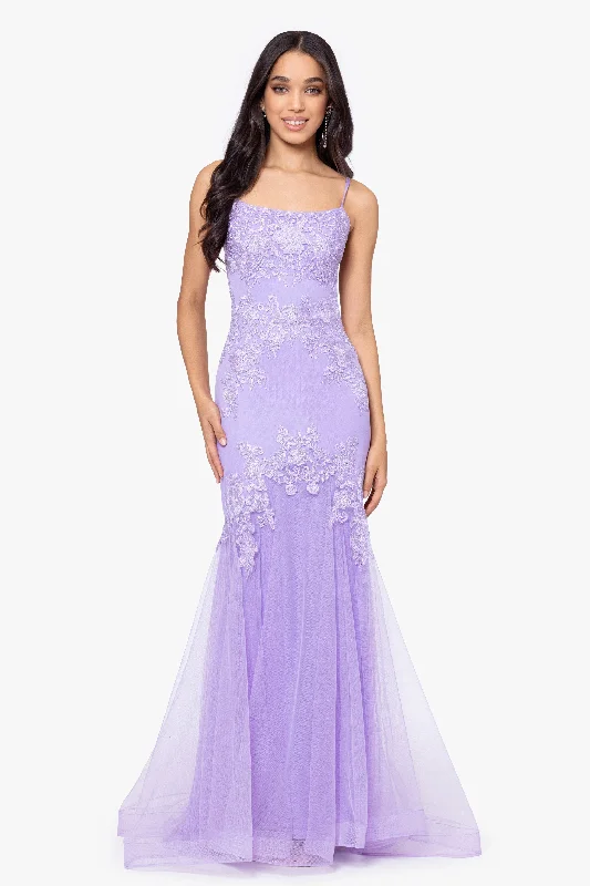 Deal of the Day "Faith" Long Slim Spaghetti Strap Mesh Applique Dress