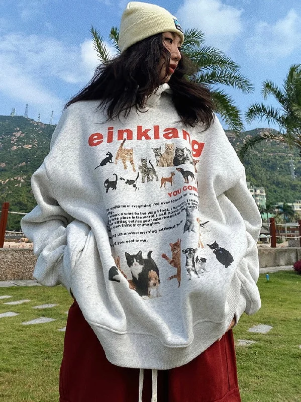 Seasonal Sale EINKLANG Vintage Cat Dog Plush Oversized Long Sleeve Hoodie