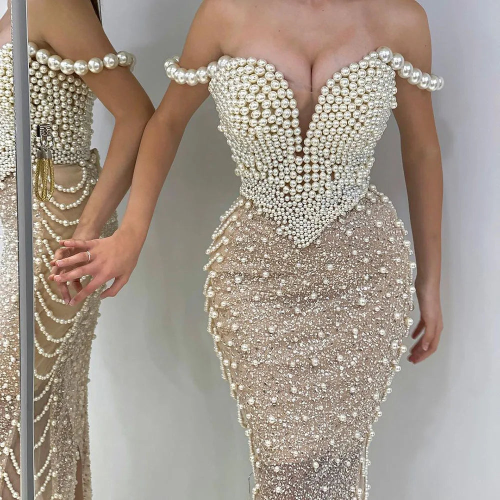 Exclusive Offers Serene Hill Nude Spaghetti Straps Mermaid Evening Dress with Beaded Pearls - Luxury Dubai Gown for Women's Wedding Party LA72393