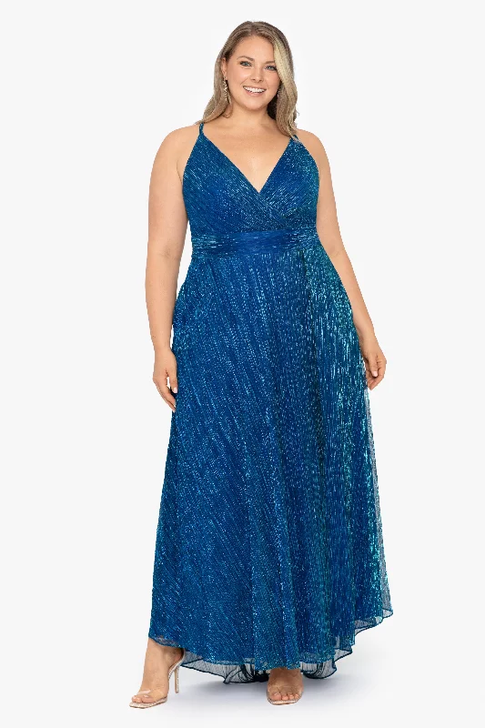 Year-End Sale Plus "Sadie" Long Metallic V Neck Dress