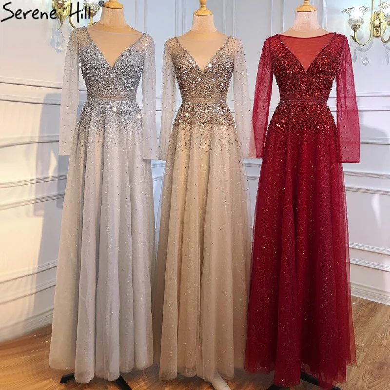 The Best Prices Serene Hill Wine Red A-Line Evening Dresses 2024 Dubai Beading Long Sleeves Sexy Formal Dress Design LA70734