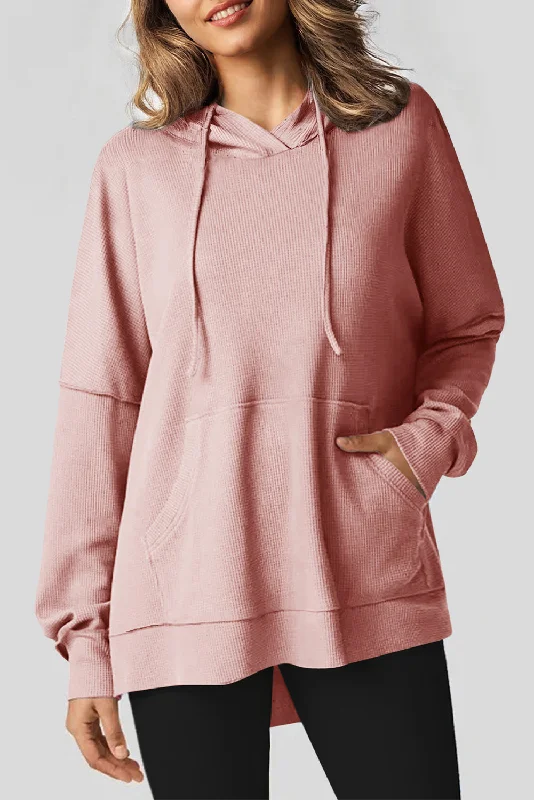 Stock Clearance Light Pink Waffle Knit Fleece Lined High Low Oversized Hoodie