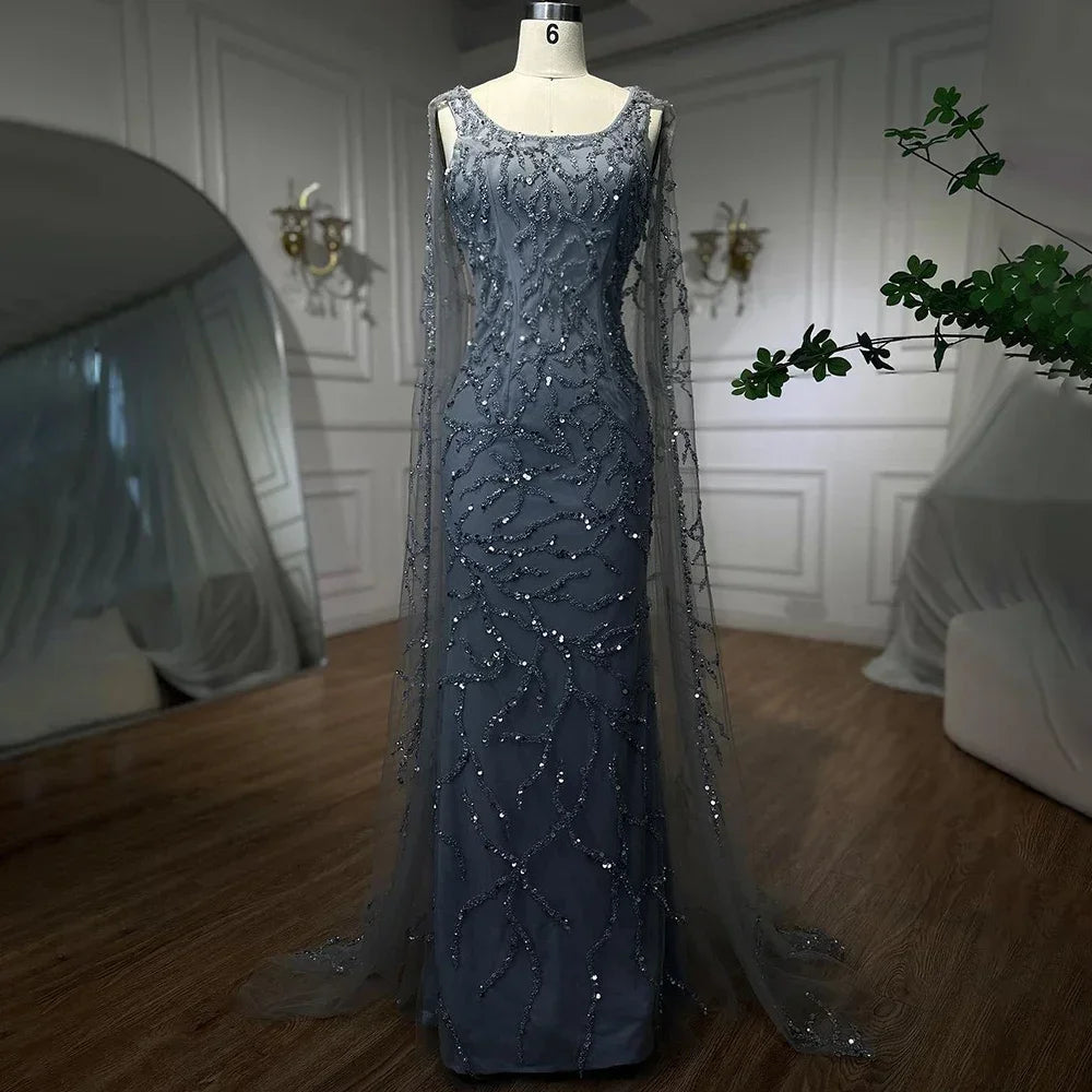 Limited Quantity Serene Hill Gray Mermaid Arabic Evening Dresses Gowns Elegant Cape Sleeves Luxury Beaded 2024 For Women Wedding Party LA72149 Limited Quantity Serene Hill Gray Mermaid Arabic Evening Dresses Gowns Elegant Cape Sleeves Luxury Beaded 2024 For Women Wedding Party LA72149