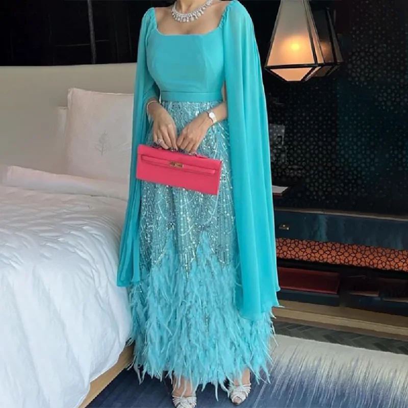 Mega Sale Serene Hill Beaded Feathers A Line Blue Cape Sleeves Evening Dresses Arabic Ankle Length Gown For Party LA72158 Mega Sale Serene Hill Beaded Feathers A Line Blue Cape Sleeves Evening Dresses Arabic Ankle Length Gown For Party LA72158