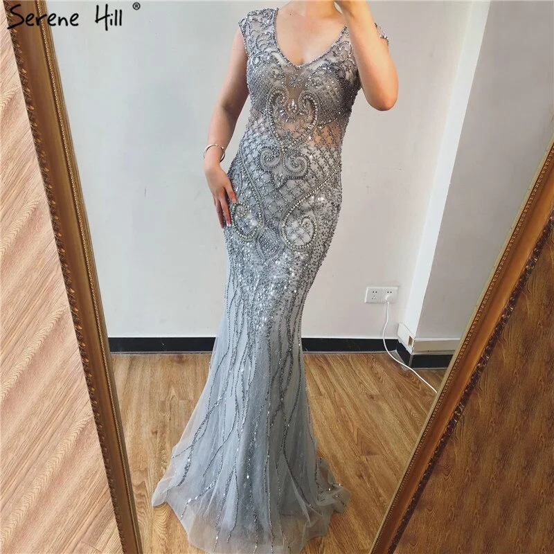 Year-End Sale Grey Luxury V-Neck Mermaid Evening Dresses Design 2024 Dubai Full Diamond Sexy Formal Dress Serene Hill LA70063