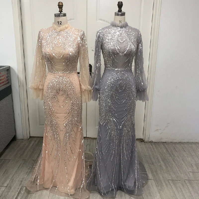 Don't Miss Serene Hill Grey Mermaid Elegant High Neck Evening Dresses Gowns 2022 Full Sleeves Beaded Luxury For Women Party LA71609