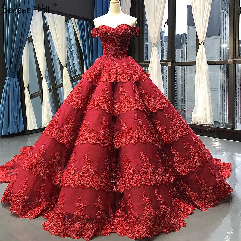 Reduced Prices Wine Red Luxury Lace Tiered Sexy Wedding Dress Sleeveless Beading Bridal Gowns 2024 Real Picture HM66786 Custom Made