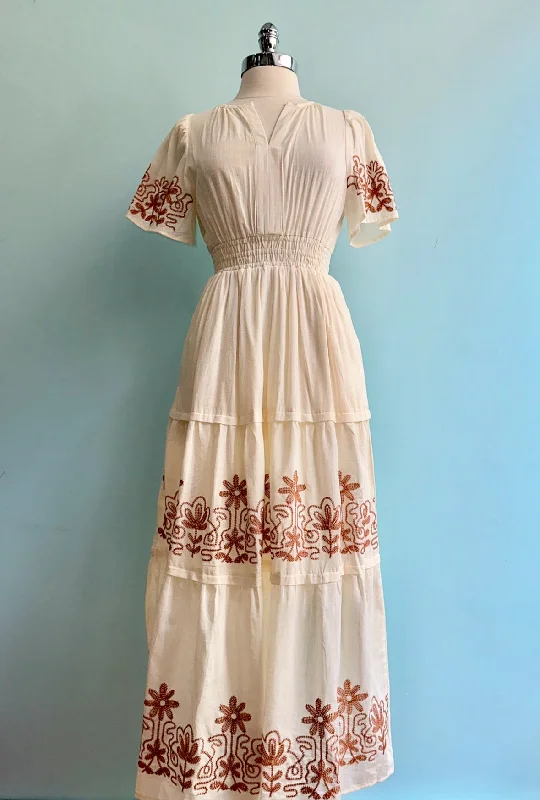 The Best Prices Short Sleeve Embroidered Midi Dress in Ivory