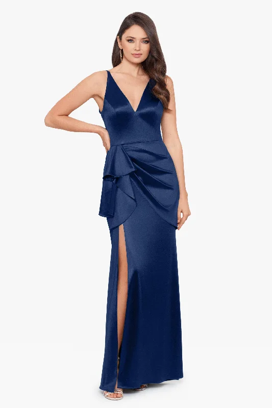 Markdowns "Robin" Long Satin V-Neck Ruffle Dress