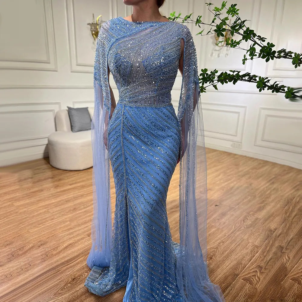 Crazy Savings Serene Hill Arabic Blue Mermaid Elegant Cape Sleeves Split Beaded Evening Dresses Gowns For Women Wedding Party 2024 LA72084 Crazy Savings Serene Hill Arabic Blue Mermaid Elegant Cape Sleeves Split Beaded Evening Dresses Gowns For Women Wedding Party 2024 LA72084