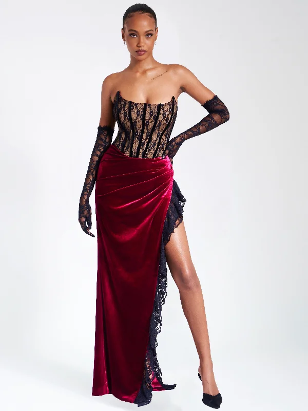 Value Deals Gaia Burgundy Lace Velvet Corset Side Slit Dress