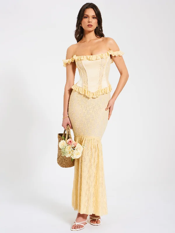 Year-End Sale Ersilia Pale Yellow Satin Lace Peplum Corset Off Shoulder Maxi Dress Year-End Sale Ersilia Pale Yellow Satin Lace Peplum Corset Off Shoulder Maxi Dress