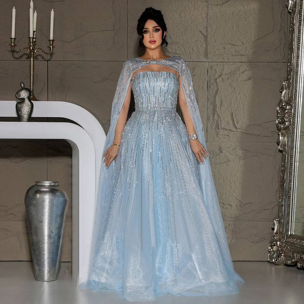 Time-Limited Offer Serene Hill 2024 Arabic Blue Cape Sleeves A-Line Beaded Evening Dresses Long Celebrity Gowns for Women Wedding Party LA72427 Time-Limited Offer Serene Hill 2024 Arabic Blue Cape Sleeves A-Line Beaded Evening Dresses Long Celebrity Gowns for Women Wedding Party LA72427
