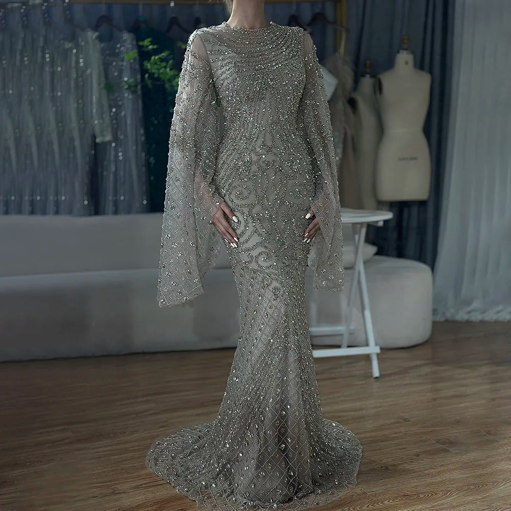 Closeout Serene Hill 2024 Flared Sleeves Caramel Beaded Luxury Saudi Arabic Mermaid Evening Dresses Gowns for Formal Occasion LA72771