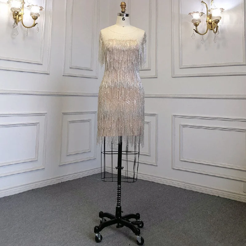 Discount Deals Serene Hill Gold Mermaid Sexy Short Skirt O-NeckElegant Dress Luxury Beaded Tassel Gowns 2024 For Women Party LA71734