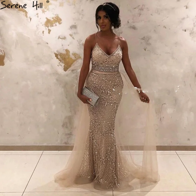 Crazy Savings Spaghetti Strap  Sexy Nude Silver Mermaid Luxury Beaded   Evening Dresses  Gowns For Woman 2024Formal Dress Serene Hill LA70370