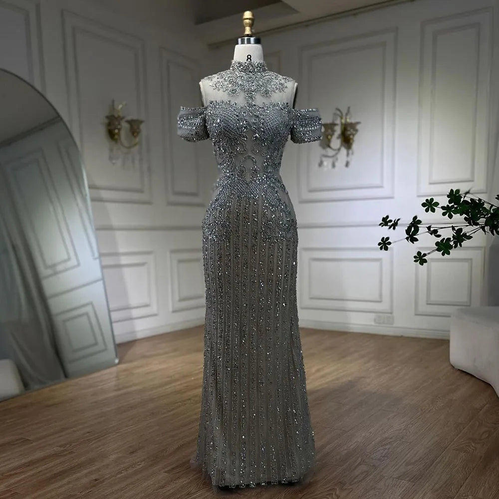 Price Break Serene Hill 2024 Arabic Silver Nude Mermaid Beaded Crystal Luxury Dubai Evening Dresses Gowns for Women Wedding Party LA72411