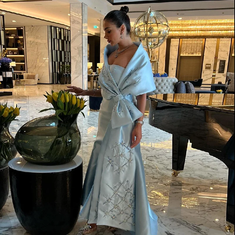 Unmissable Offer Serene Hill Arabic Blue Mermaid Satin Strapless With Jacket Beaded Evening Dresses Gowns 2024 For Women Wedding Party LA71895 Unmissable Offer Serene Hill Arabic Blue Mermaid Satin Strapless With Jacket Beaded Evening Dresses Gowns 2024 For Women Wedding Party LA71895