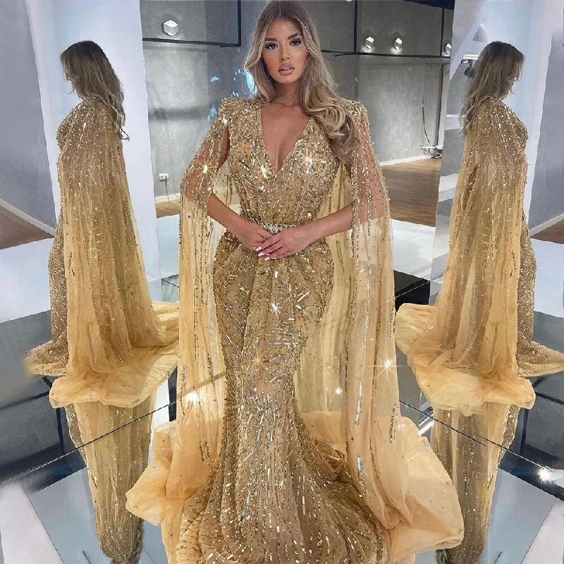 Now or Never Gold Arabic Cape Sleeves Beaded Evening Dresses Gowns 2023 Mermaid Elegant Luxury For Women Party Serene Hill LA71496