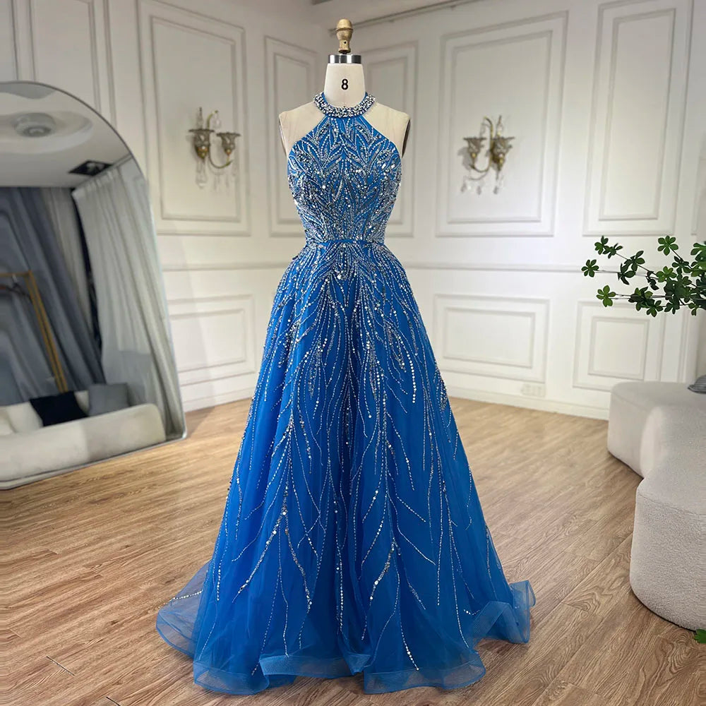 Sale Event Serene Hill  Blue Arabic A-line Halter Gown  Dubai Evening Dress for  Party 2024 LA72302 Customized