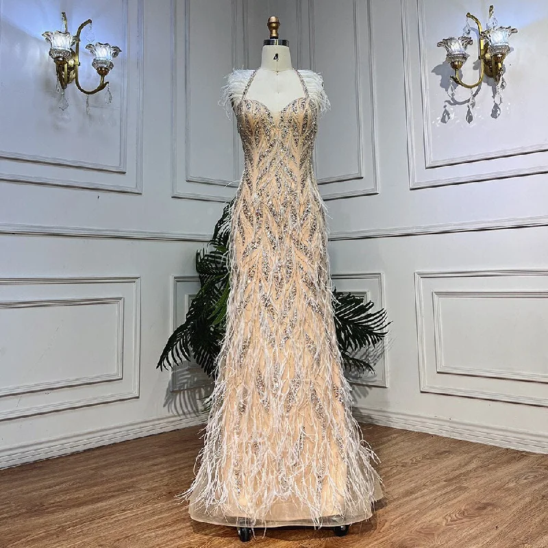 Savings Galore Serene Hill Nude Sexy Strap Mermaid Luxury Feather Beads Evening Dresses Dubai Gowns For Women Wedding Party 2024 LA72010