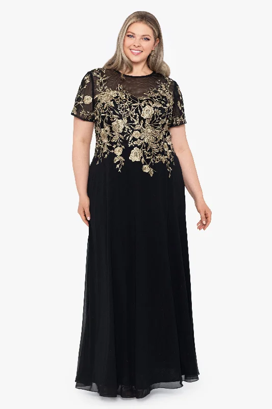 New Arrival Plus "Ivanna" Long Embroidered Mesh Cap Sleeve Dress