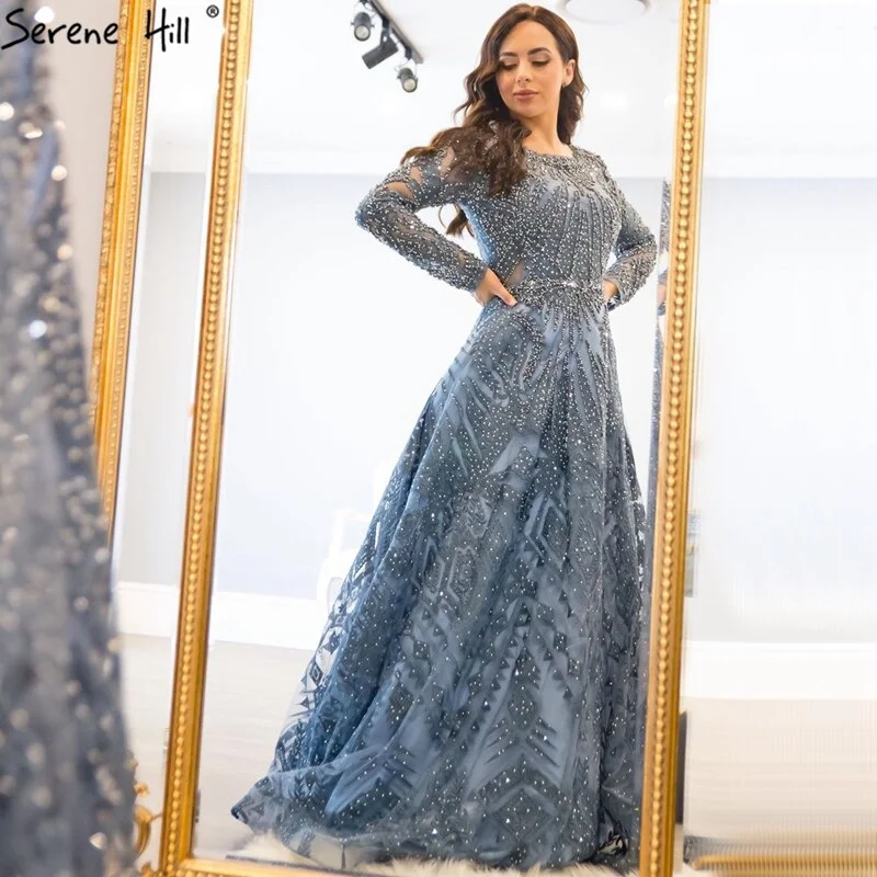 Markdowns dubai Luxury Designer Navy Blue Lace Beaded  A line Muslim  Long Evening Dresses 2024 Formal Dress Serene Hill Plus Size LA60900