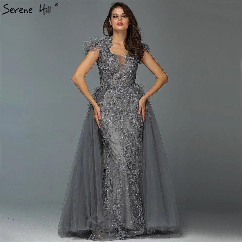 Customer Appreciation Sale Dubai Grey Sleeveless Tulle Evening Dresses Design 2024 Crystal Feathers Luxury Formal Dress Serene Hill LA70020 Customer Appreciation Sale Dubai Grey Sleeveless Tulle Evening Dresses Design 2024 Crystal Feathers Luxury Formal Dress Serene Hill LA70020