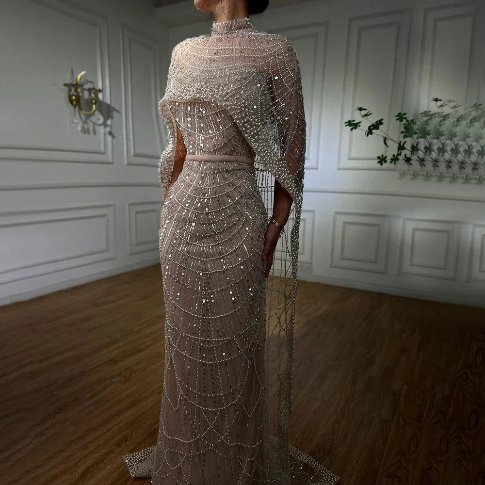 Great Deals Serene Hill Dubai Arabia Nude Mermaid Long Cape Luxury Evening Dresses Gowns 2024 For Women Wedding Party LA72032