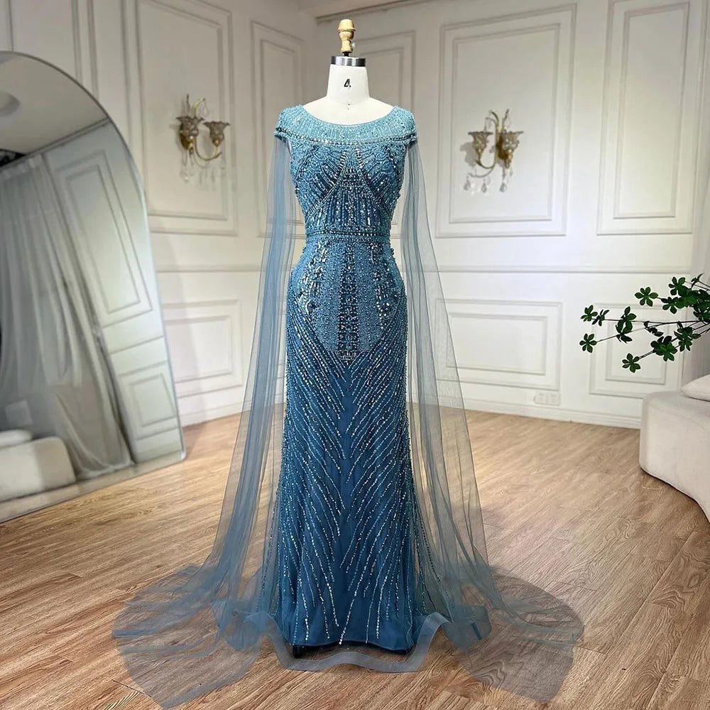 Final Clearance Serene Hill 2024 Arabic Blue Mermaid Elegant Cape Sleeves Beaded Luxury Evening Dresses Gowns for Women Wedding Party LA72423 Final Clearance Serene Hill 2024 Arabic Blue Mermaid Elegant Cape Sleeves Beaded Luxury Evening Dresses Gowns for Women Wedding Party LA72423