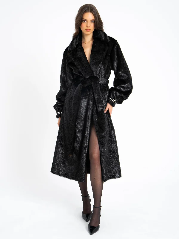 Best Bargains Yahia Black Vegan Long Faux Mink Coat
