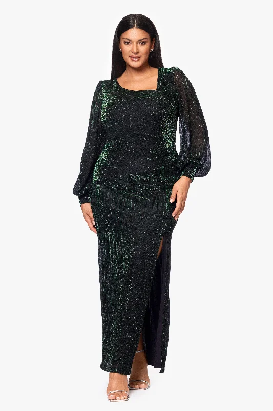 Huge Savings Plus "Siobhan" Long Metallic Long Sleeve Asymmetrical Neckline Dress