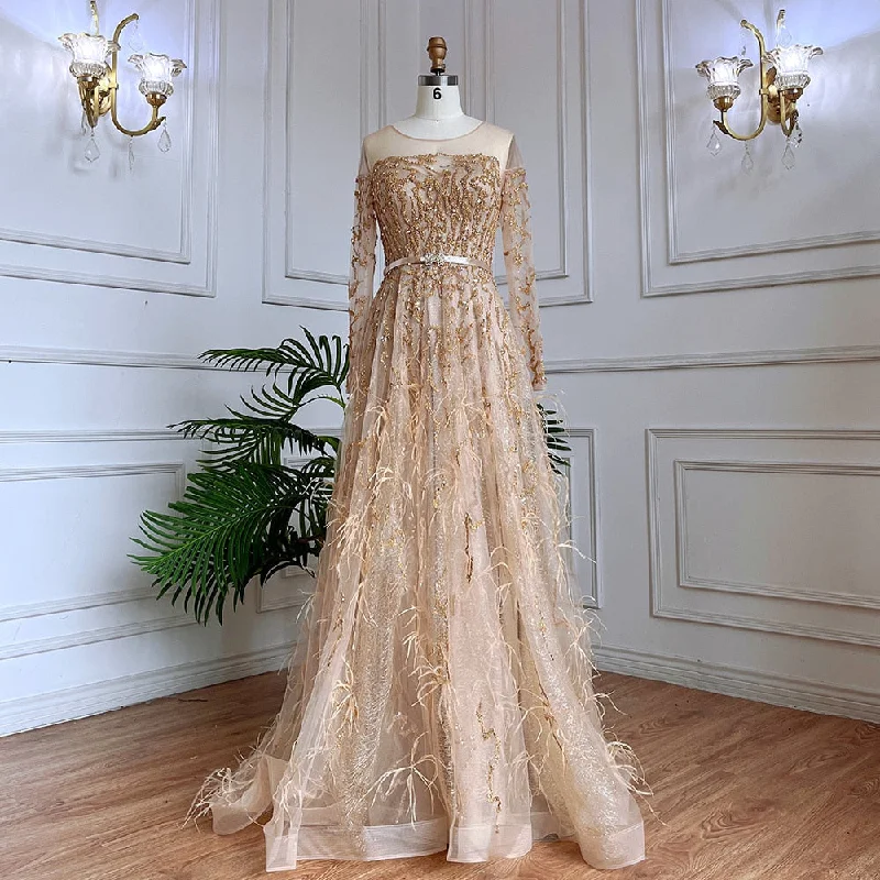 Special Promotion Serene Hill Muslim Gold A Line Lace Beaded Feathers Arabic Luxury Evening Dresses Gowns 2024 For Women Wedding Party LA71935