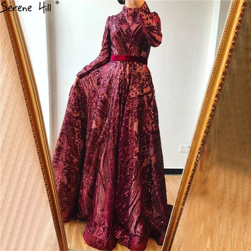 Special Discount Muslim High Neck Wine Red Sparkle Wedding dress 2024 Long Sleeve Sequined Luxury A-Line Evening Gowns LA70530 Special Discount Muslim High Neck Wine Red Sparkle Wedding dress 2024 Long Sleeve Sequined Luxury A-Line Evening Gowns LA70530