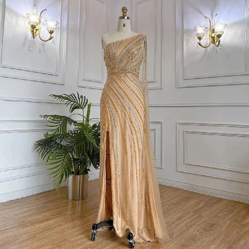 Deal Alert Serene Hill Gold Elegant Mermaid Sexy One Shoulder Cape Sleeve High Split Luxury Beaded Evening Dresses Gowns 2024 LA71902
