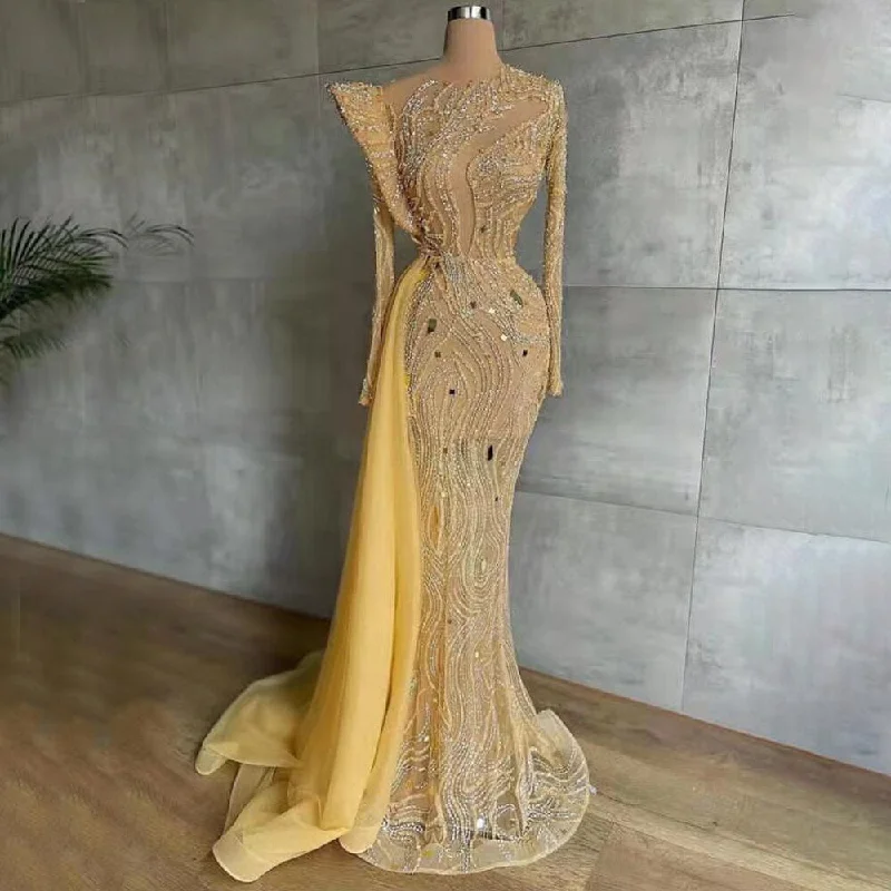 Fantastic Offers Serene Hill Muslim Gold Overskirt Luxury Evening Dresses Gowns Beaded Meramid Elegant 2024 For Women Party LA71528