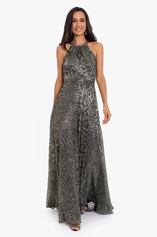 Best Bargains "Nico" Long Metallic Halter Neck Dress