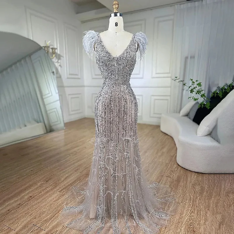 Crazy Deals Serene Hill Arabic Mermaid Grey Nude V Neck Evening Dresses Gowns 2024 Feather Beaded Elegant For Women Wedding Party LA72184