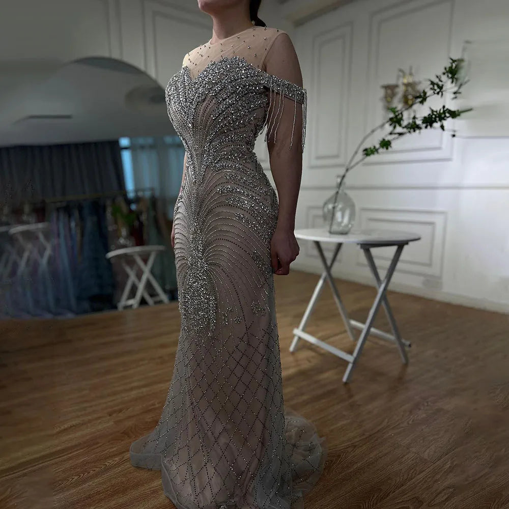 Savings Bonanza Serene Hill Arabic Silver Nude Mermaid Elegant Tassel Beaded Luxury Dubai Evening Dresses Gowns For Women Party 2024 LA71906