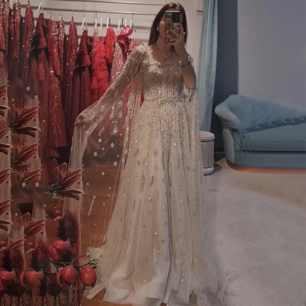 Price Blitz Serene Hill 2024 Arabic Nude A Line Cape Sleeve Crystal Beaded Luxury Saudi Evening Dresses Gowns For Formal Occasion LA72764
