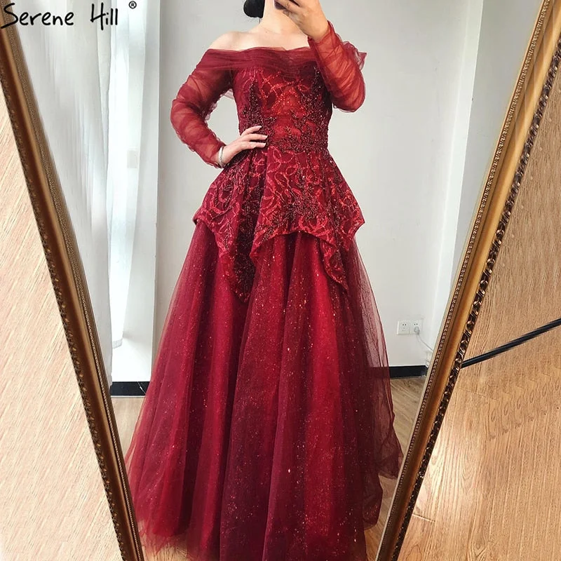 Midnight Madness On Sale no return no refundSale Serene Hill Wine Red A-Line Evening Dresses 2024 Dubai Beading Long Sleeves Formal Dress Design LA70692