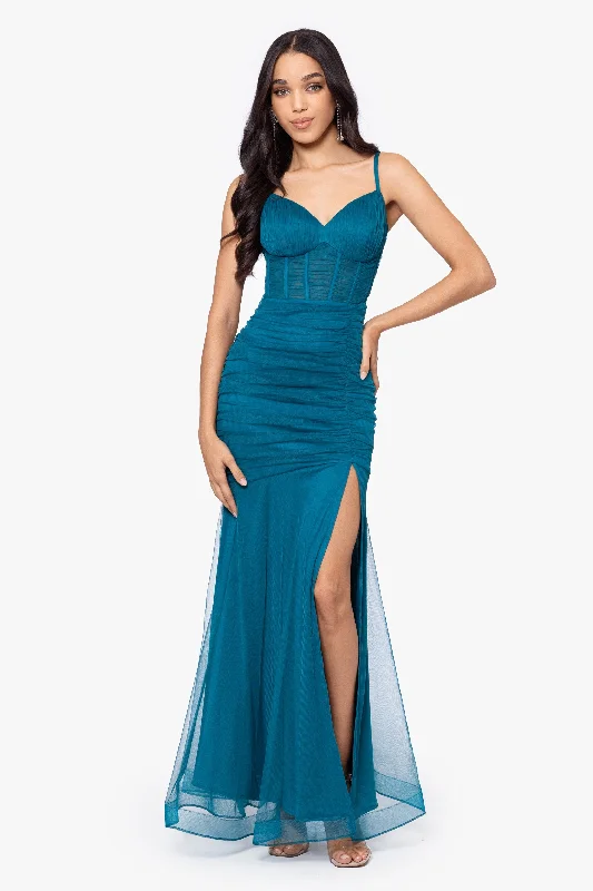 Clearance Sale "Alexie" Long Mesh Corset Rouched Mermaid Dress