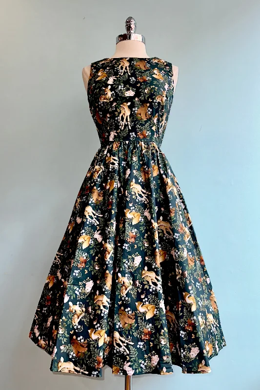 Don’t Miss Out Dark Teal Woodland Animals Midi Dress by Retrolicious