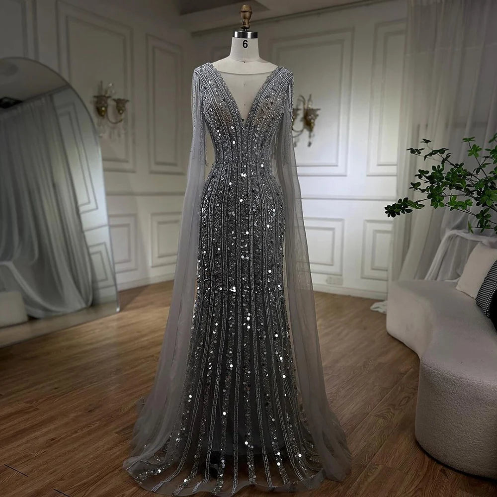 Price Smash Serene Hill Arabic Gray Mermaid Elegant Cape Sleeves Luxury Beaded Evening Dresses Gowns For Women Wedding Party 2024 LA72289 Price Smash Serene Hill Arabic Gray Mermaid Elegant Cape Sleeves Luxury Beaded Evening Dresses Gowns For Women Wedding Party 2024 LA72289